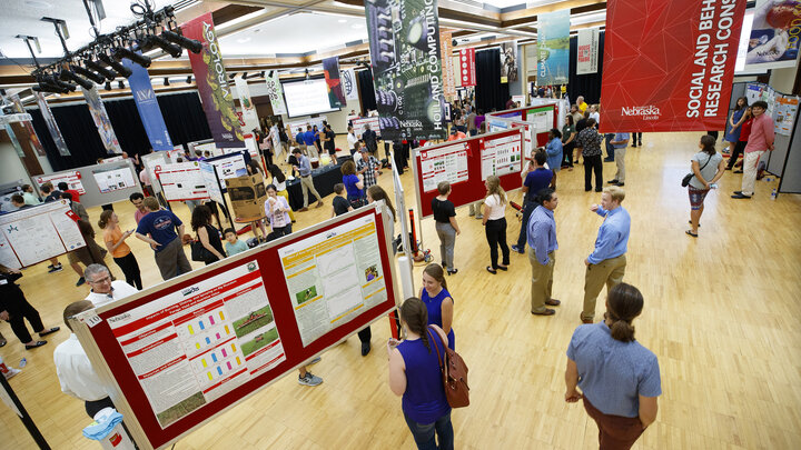 Summer Undergraduate Research Fair poster session in the Nebraska Union Ballroom. August 7, 2018.