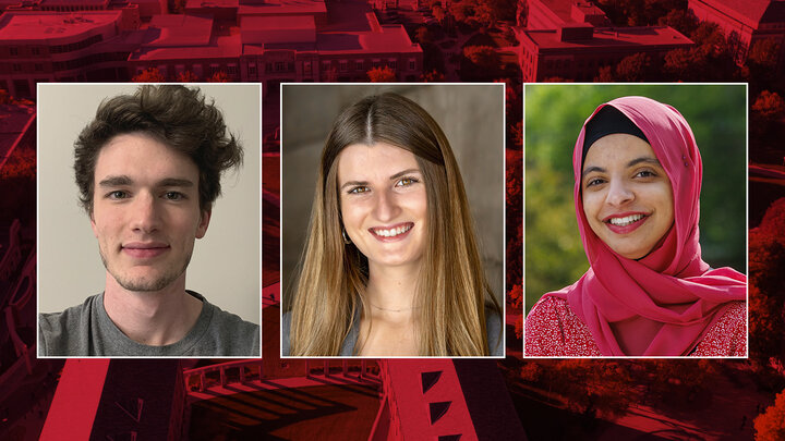 Color portraits of (from left) Dakota Andrews, Emily Fitzpatrick and Sukaina Al-Hamedi on a red campus background.
