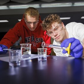 Two male students perform an experiment with glass test tubes and beakers.